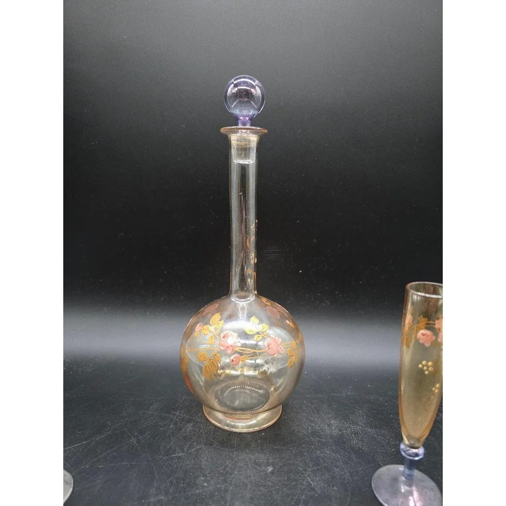 Victorian French Hand Painted Floral Glass Decanter Set Amber Purple Stopper 9